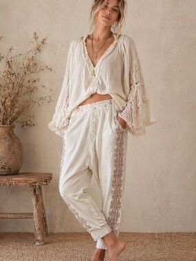 Magnolia Pearl -Boho Cream Embroidered Harem Pants